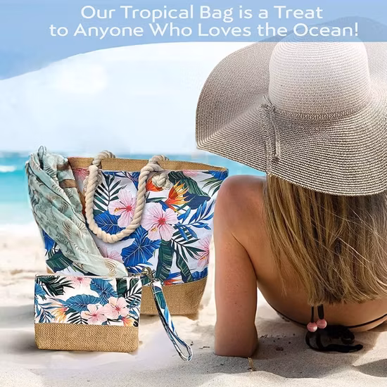 Venta al por mayor promocional precio grande logotipo personalizado patrón impreso lona yute diseñador verano playa bolso de mano con bolsa con cremallera